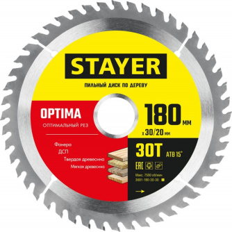 Купить STAYER OPTIMA 180 x 30/20мм 30Т  диск пильный по дереву  оптимальный рез фото №1